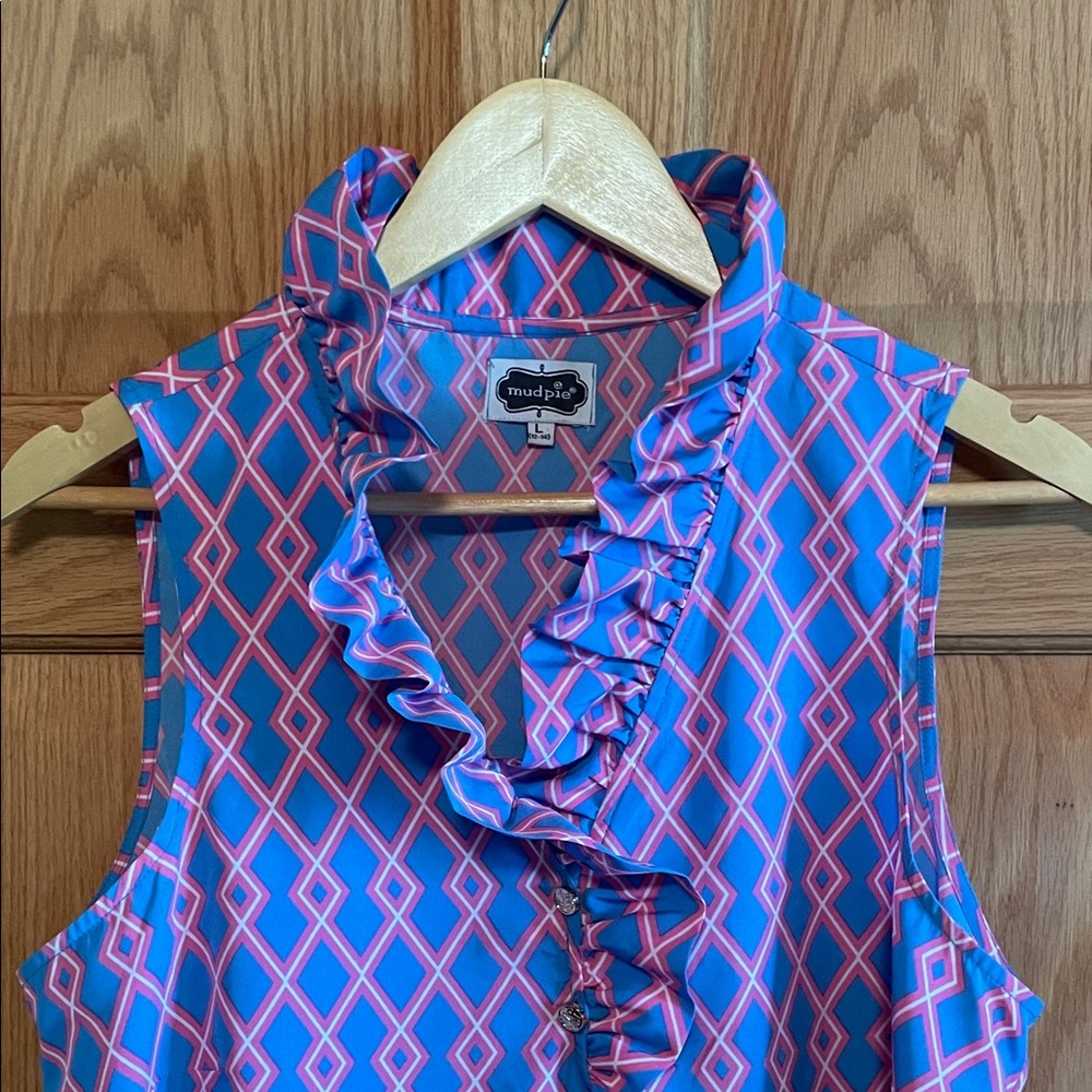 Mud Pie Women's Vibrant Pink and Blue Diamond Blouse NWOT